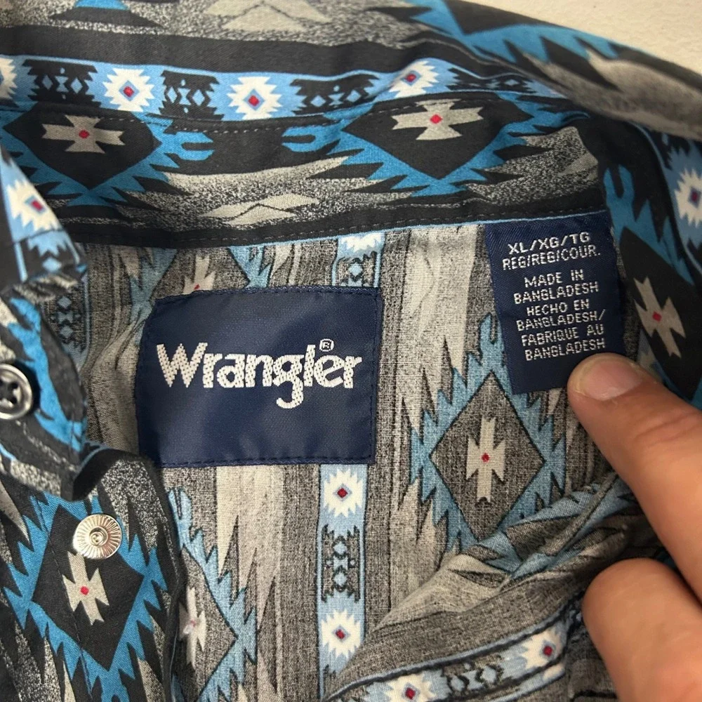 Wrangler Western Snap Shirt Boys XL Black Blue Southwestern Geometric Print